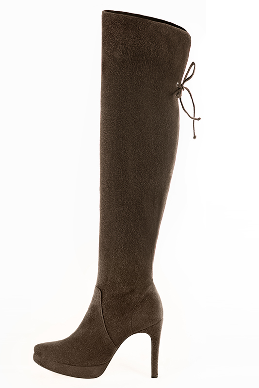 Taupe brown women's leather thigh-high boots. Tapered toe. Very high slim heel with a platform at the front. Made to measure. Profile view - Florence KOOIJMAN